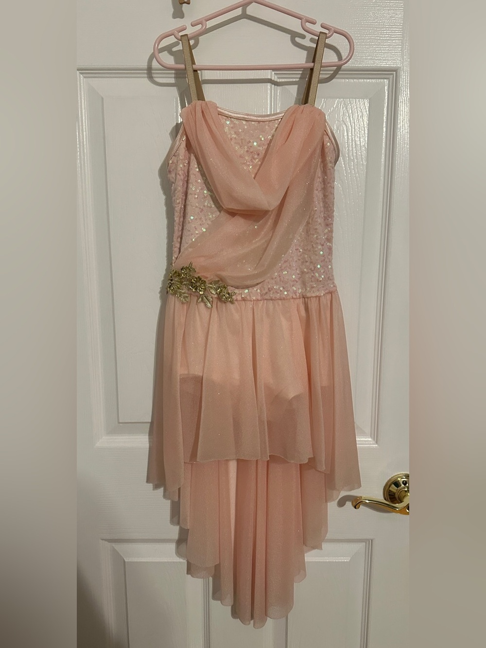 Weissman Peach Sequin Tulle Dress with Gold Floral Accent